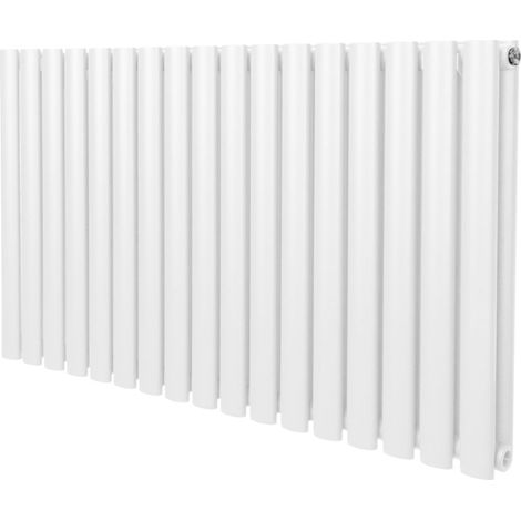 Radiatore a colonna ovale 600 mm x 1020mm Designer Doppio pannello Termosifone Bianco Acciaio Orizzontale Inclusi Spazzola per la pulizia Kit di fissaggio e staffe