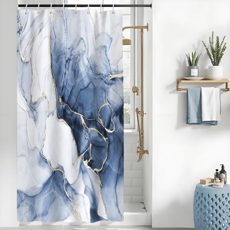 Rideau Douche Anti Moisissure, Rideau de Douche 120x200cm Bleu Marine Tissu Lavable Effet Marbre Bleu Ciel Rideaux de Baignoire Imperméable Abstrait Modern Rideaux de Bain avec 8 Crochets (1/5)