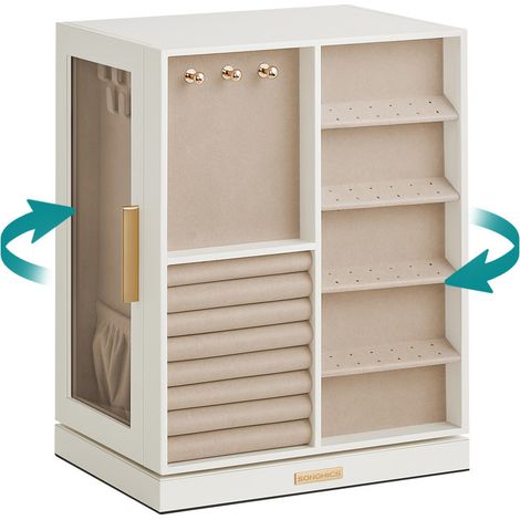 Songmics – Boîte à bijoux pivotante 360° – 5 tiroirs et 18 crochets – MDF blanc nuage avec velours – Rangement vertical pour colliers et accessoires
