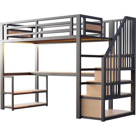 Cama alta de metal 90 x 200 cm negra con LED, enchufe, escalera, estantes y escritorio (1/5)