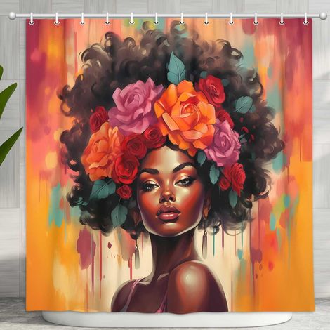 Rideau De Douche - Femme Noire Fleurie - Polyester Imprimé Numérique 3D - 152 X 183 Cm - 12 Crochets Inclus (1/4)