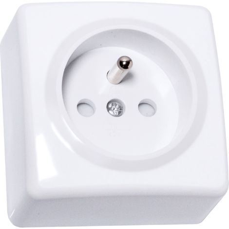 PROFILE Prise 2P+T blanche – Installation en saillie – 16A 250V – Puissance 3680W – Classe IP20 – Dimensions compactes 63x62x41 mm
