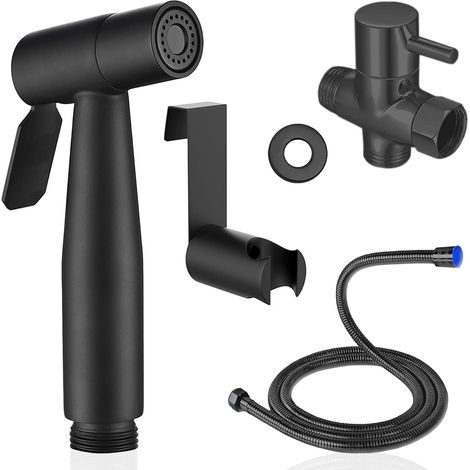 Douchette wc noir acier inox kit complet avec 1.2 metres de tuyau flexible extra long support et vanne de derivation (1/5)