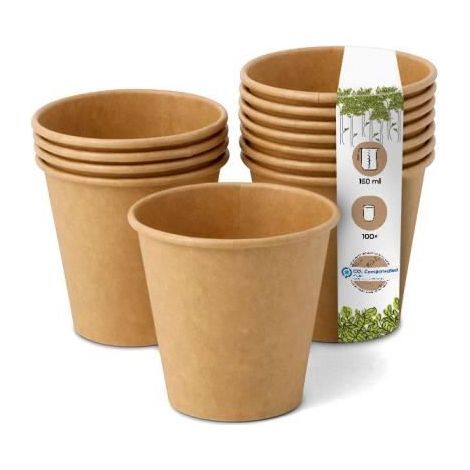 100 gobelets jetables, en papier marron non blanchi, biodégradables, 150 ml, Ø 80 mm, pour cafés et événements écologiques