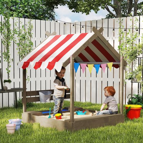 Sandkasten mit Sonnenschutz, Spielhaus-Design, mit Spielzeug-Set, behandeltes Massivholz, 124 x 116 x 146 cm, Grau