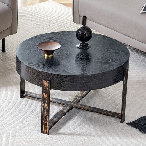 Table d'appoint ronde 68x68x39 cm, plateau à grain fin, pieds croisés stables, MDF et métal, noire (1/5)