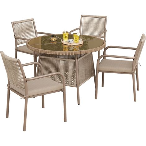 Salon de Jardin Rotin, Table Ronde en Verre et 4 Fauteuils (1/5)