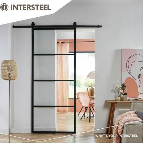Schiebetür mit Schiebetürsystem DIY Set schwarz matt eloxiert Aluminiumrahmen Glaseinsatz 2350mm Klarglas (1/5)