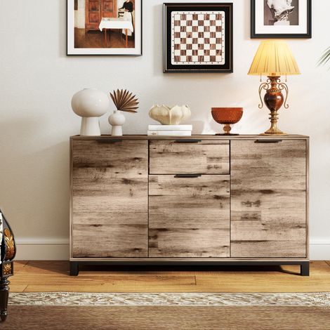 Buffet de style industriel avec tiroir et 3 placards. Bois brun. 120 x 36,5 x 70 cm.