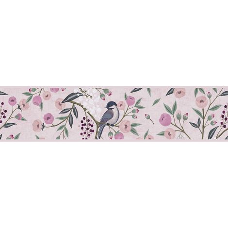 Kinder Tapete Profhome 771371 Bordüre glatt mit Vogel-Muster matt rosa pink grün grau 5 m