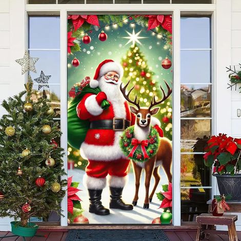 Décorations de Noël avec cloches, nœuds, flocons de neige, Père Noël, banderole « Joyeux Noël » - 90 x 180 cm (perforée + ruban) - 22
