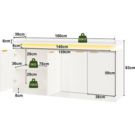 Mueble de cocina con iluminación LED, aparador de 4 puertas, vitrina con amplio espacio de almacenamiento para comedor y sala de estar, 160 × 39 × 83 cm (1/5)