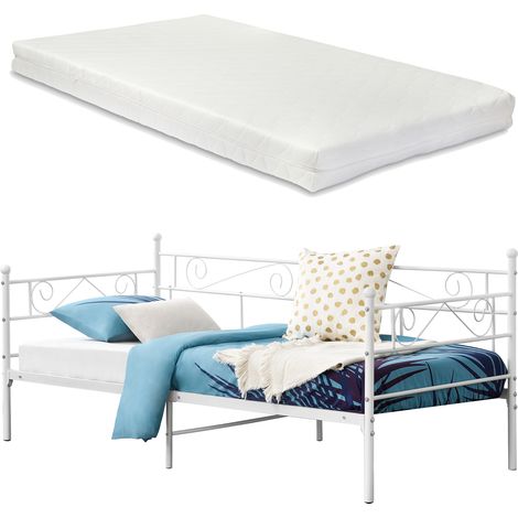 Metallbett Kerava 90x200 cm mit Matratze Weiß [en.casa]