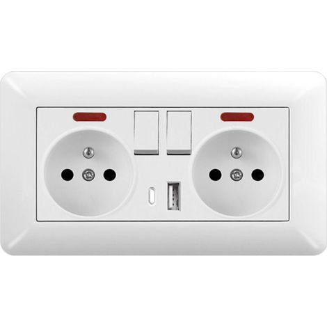 1 pièce Prise Murale Double 16A avec 2 Interrupteurs, 2 LED, USB et Type C – Prise Électrique Encastrable 240V Norme Française (1/4)