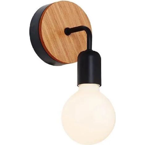1 Stück – Retro-Wandleuchte aus Eisen – Schwarz mit Holzplatte + weißes Licht (1/5)