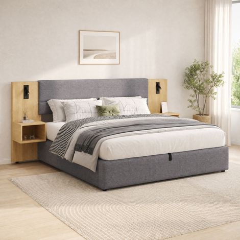 DESMIU Lit coffre 160 × 200 cm 2 places avec rangement hydraulique, USB-A, USB-C et éclairage, sans matelas, velours gris naturel (1/4)