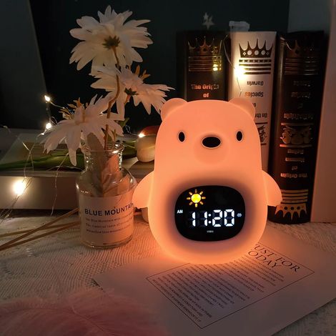 Reloj despertador educativo infantil con forma de oso, día/noche, 2 alarmas/12/24 horas, 8 colores de luz, despertador digital matutino, 6 canciones, apagado automático, repetición, brillo de pantalla (1/4)