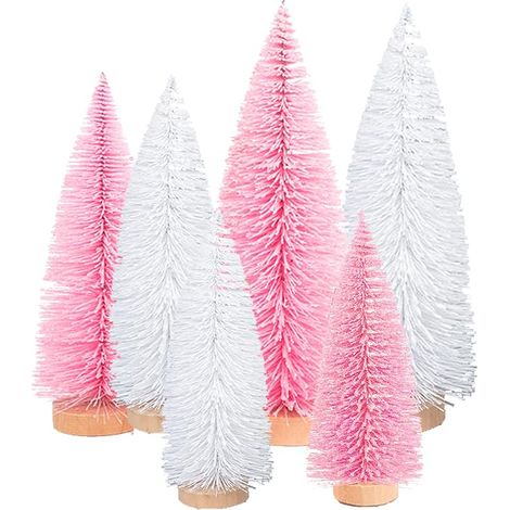 Lot de 6 mini sapins de Noël artificiels - (10/15/20 cm) - Petit sapin miniature rose et blanc avec effet neige - Décoration de Noël - Décoration de table - Pour bricolage - Vitrine (1/5)