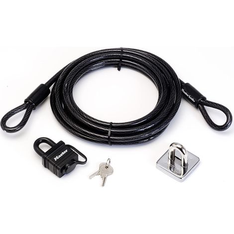 Master Lock 8271EURDAT Cavo con estremità a cappio e lucchetto e ancoraggio a parete, 4,5 m (1/4)