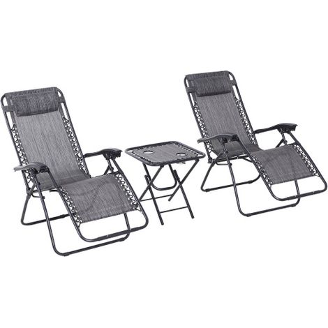 3pcs Folding Zero Gravity Chairs Sun Lounger Table Set w/ Cup Holders Reclining Garden Yard Pool, Light Grey