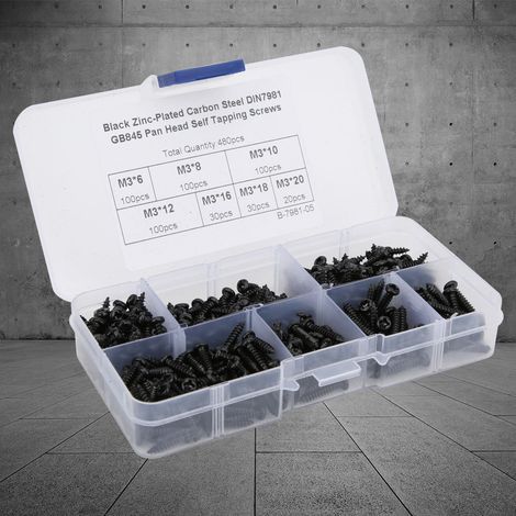 480 selbstschneidende Schrauben, Kuppelkopf, Kohlenstoffstahlverbinder M3, schwarz vernickelt (schwarzer Kohlenstoffstahl) (1/5)