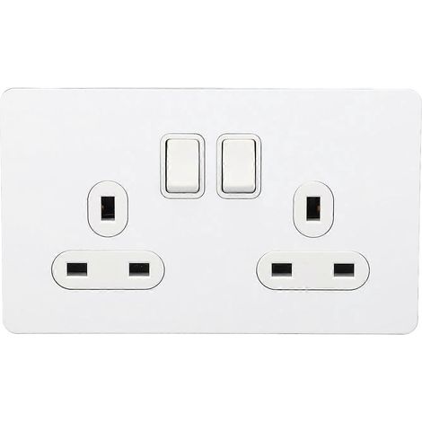 Prise double avec deux interrupteurs, façade en acier inoxydable, blanche, 13 A