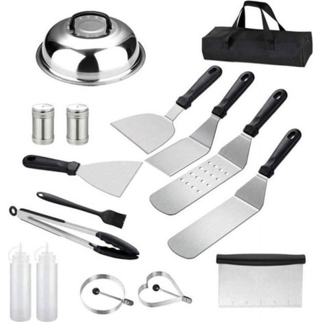Accessoires pour barbecue, kit d'accessoires pour plaque de cuisson, ensemble de 16 ustensiles plats en acier inoxydable, spatule et ustensiles de cuisine avec sac de transport pour barbecue en extéri (1/5)