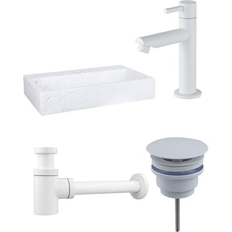 Fortifura Fuente Ensemble lave-mains - 38x24x8 cm - 1 trou pour robinet - marbre - robinet de lave-mains blanc mat - blanc
