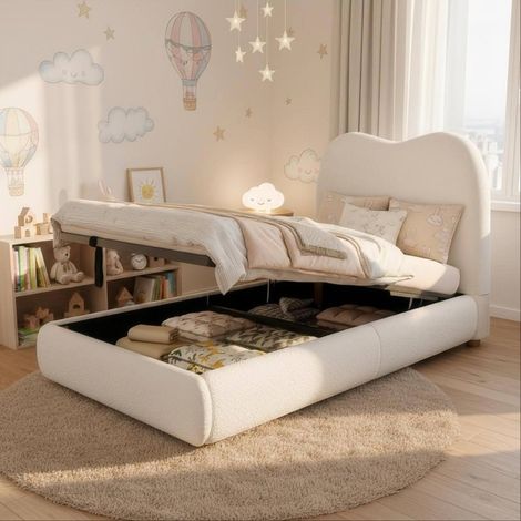 MEUBLIV Letto 90x200 cm beige con contenitore idraulico, testiera e rete, senza materasso (1/5)