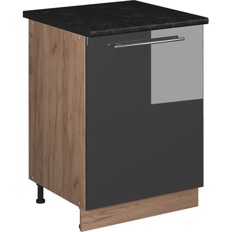 Mobiletto base cucina Fame-Line, Antracite lucido/Rovere dorato, 60 cm 1 anta con piano di lavoro, Vicco (1/5)