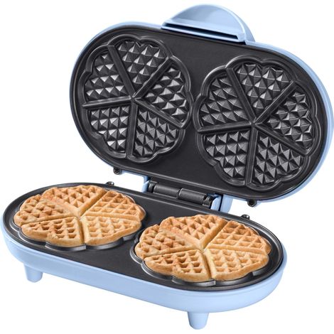Bestron Waffle Maker, piastra per waffle doppio a forma di cuore, macchina per waffle con antiaderente & indicatoro luminso, collezione Sweet Dreams, 700 watt, colore: Blu (1/5)