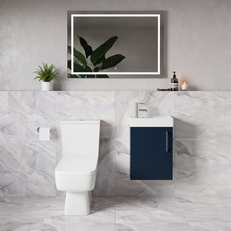 Napoli Cube Deep Blue 400mm Single Door Wall Mounted Vanity Unit and Toilet Suite with Align Basin - 400mm - Chrome 160mm Handle