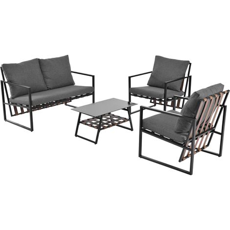Ensemble de mobilier de jardin, salon de jardin pour 4 personnes, avec canapé, table basse et coussins, housse en tissu amovible et lavable, noir