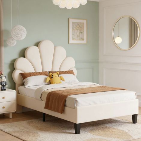 Cama infantil 90x200 cm - Forma de pétalo - Cama para niña - estructura de cama - somier de lamas - Terciopelo - beige