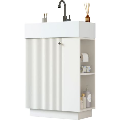 Meuble vasque Blanc, Vasque céramique,Rangement porte & étagères & Porte-papier amovible,Soft-close,Sans robinet (1/5)
