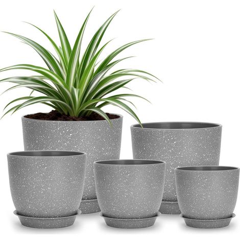 Lot de 5 pots de fleurs avec soucoupes, plastique gris moucheté, différentes tailles (1/5)