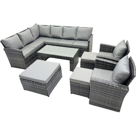 Fimous 11 Seat Poly Rattan Outdoor Patio Oblong Coffee Table Corner Sofa Set with 3 Stools 2 Chairs for Garden Backyard Dark Grey Mixed (1/5)
