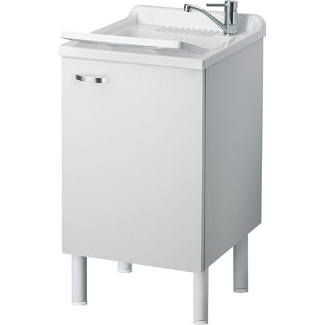 Lavatoio con mobile, lavapanni bianco in nobilitato idrofugo 60x50 cm con vasca in polipropilene e maniglie cromate – da interno – Negrari
