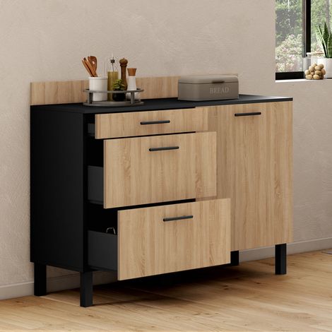Aparador de cocina bajo 120 cm encimera casserolier CINA H.83 cm 1 puerta + 3 cajones aspecto negro y haya