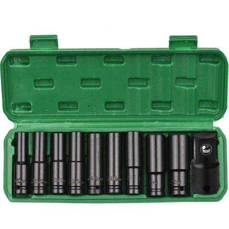 Juego de 10 vasos de impacto hexagonales de 1/2 pulgada, vasos profundos de 10 a 22 mm y adaptador de 3/8 de pulgada, fabricados en acero CR-V, con estuche rígido de almacenamiento. (1/5)