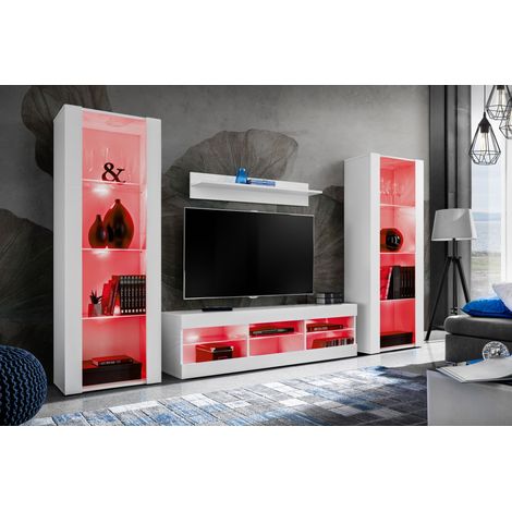 Komodee Ensemble de Meubles Tivoli Grande, Blanc/Blanc, Largeur 250cm x Hauteur 159cm x Profondeur 35cm, LED RGB, 3 étagères, pour Salon, Chambre, Entrée (1/5)