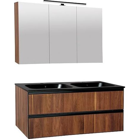 Kits de meubles de salle de bains Benaro m. Armoire à glace, noyer, 2 tiroirs, largeur 1210mm (1/2)
