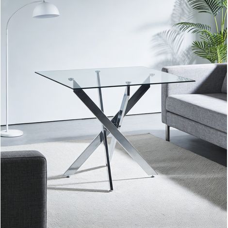 Mesa de comedor de vidrio templado con patas metálicas en cruz 80 x 80 x 75 cm, color plata, OKWISH (1/5)