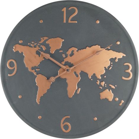 Rebecca Mobili Horloge Murale Métal, Design Mappemonde, Gris Foncé Brun Cuivré, Salon Cuisine 45 cm (1/5)