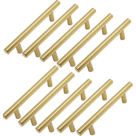 Juego de 10 tiradores dorados para muebles, tiradores dorados para cocina, acero inoxidable, distancia entre centros de 128 mm. (1/5)