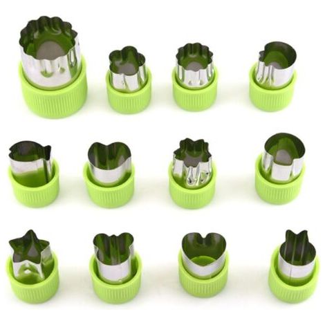Ensemble de 12 Pièces en Acier Inoxydable pour Découpe de Légumes et Fruits, Moules de Cuisine, Presse à Biscuits et Outils pour Pâtes, Accessoires de Cuisson et Pâtisserie – Vert, 12 Pièces