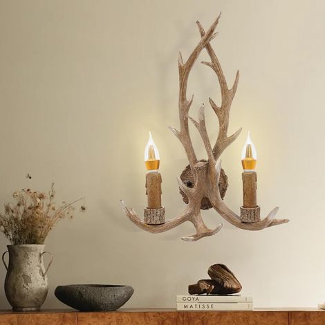Applique murale, applique murale en corne de cerf, avec bois de cerf, lampe rustique en résine, intensité variable, LED E14 chaude 5 W, éclairage de maison de campagne, couloir, chambre à (1/5)