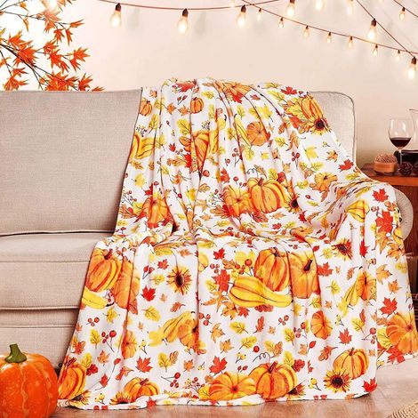 Couverture En Flanelle - Motif Citrouille Et Tournesol - 100 x 130 cm - Pour Canapé Ou Lit - Décoration Automnale Réversible - 1 Pièce (1/4)
