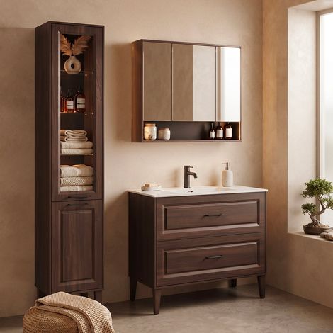 Set Einbau-Einzelwaschtischunterschrank 100 cm Hochschrank und Spiegelschrank Moka dunkles Holz (1/5)