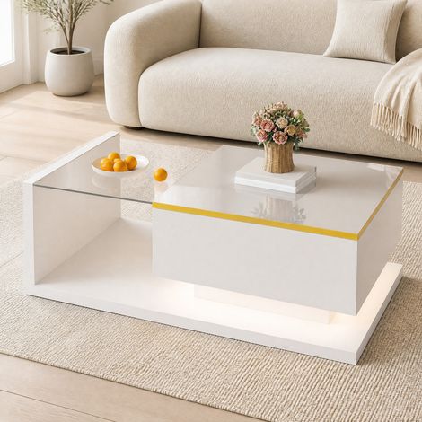 Tavolino da salotto 90 cm in vetro temperato, LED 16 colori, bianco lucido HAVRYA (1/5)